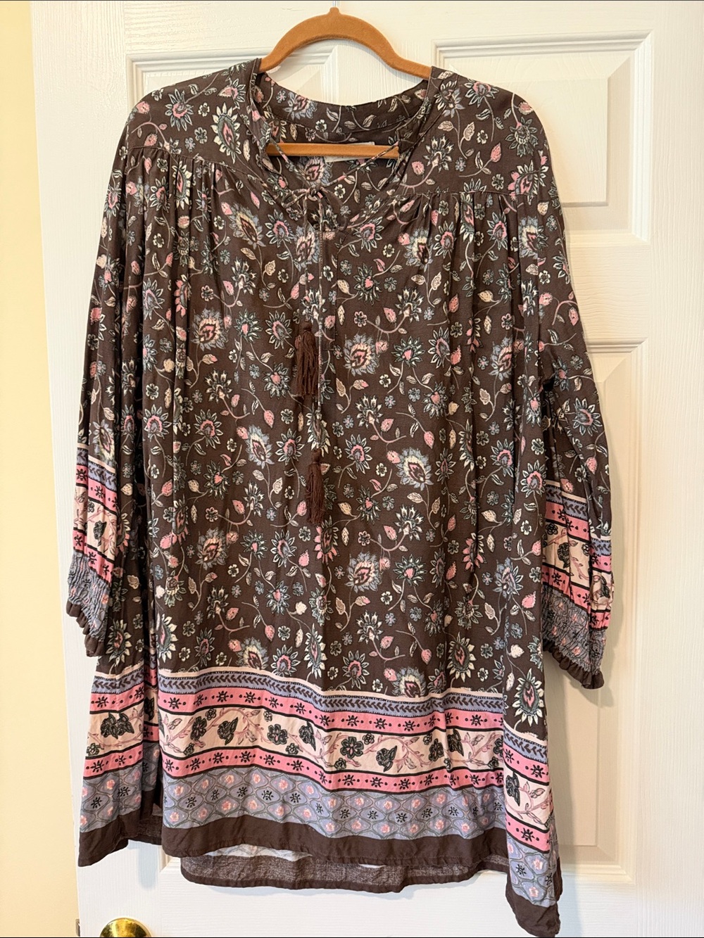Natural Life Boho Floral Peasant Dress Brown/Pink Size Medium